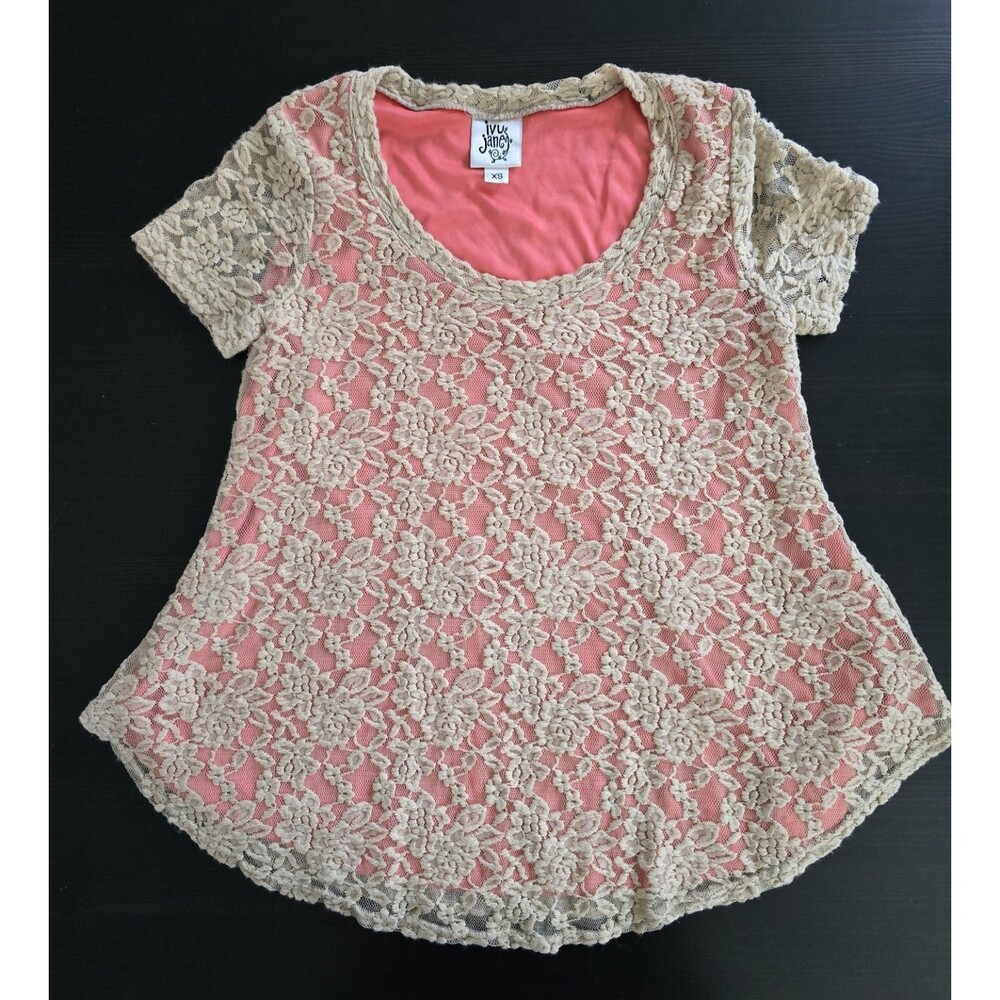 IVY JANE BEIGE PEACH SHORT SLEEVE LACE TOP  XS  Whimsical Casual Romantic BOHO